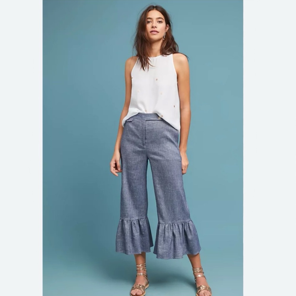 Anthropologie Ett Twa Chambray Linen Ruffle Crop Pants